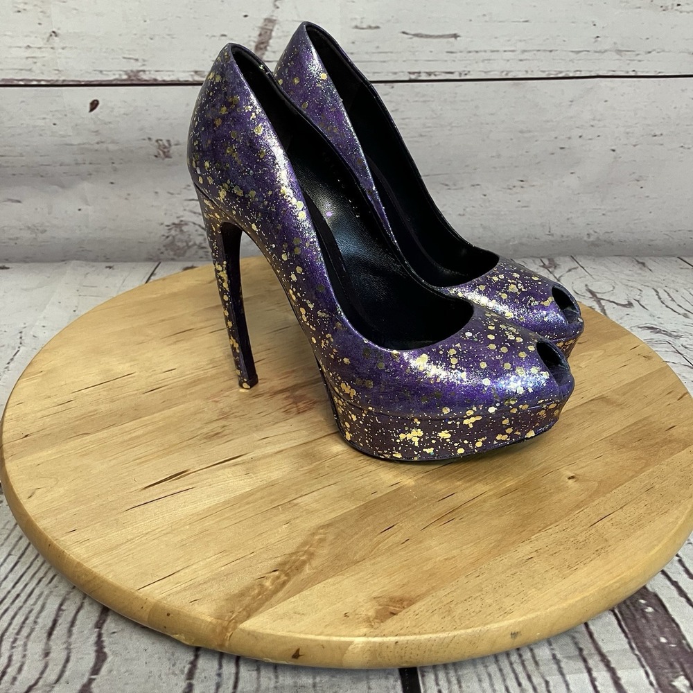 Alexander McQueen Pumps Womens Size 35.5 5.5 Purple Gold Open‎ Toe High Heel